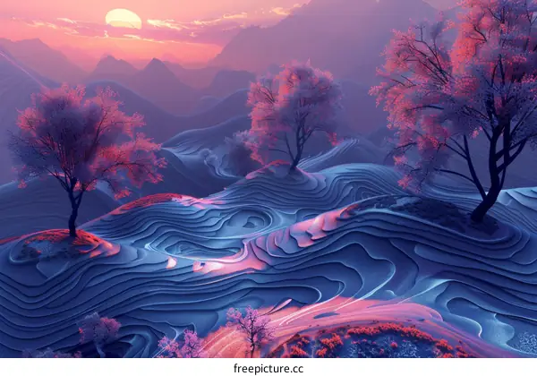 Tranquil Scene of Snow-capped Mountains and Cherry Blossoms