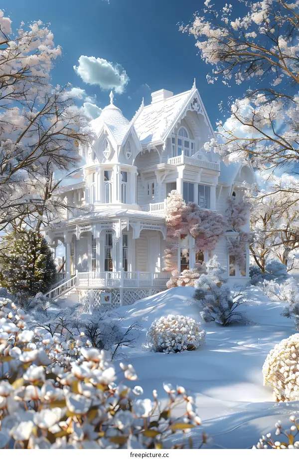 A beautiful snow covered house with white trees