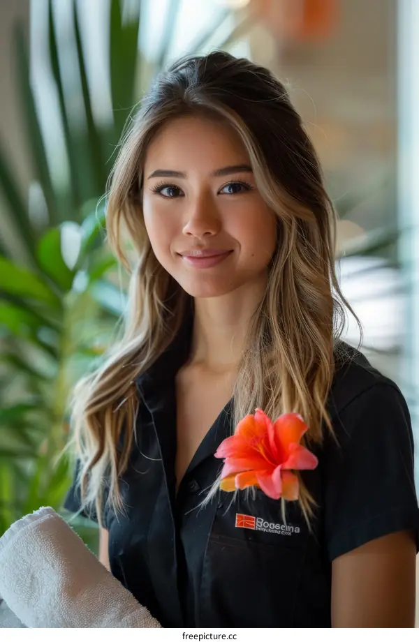 Portrait of a young woman in a black uniform smiling