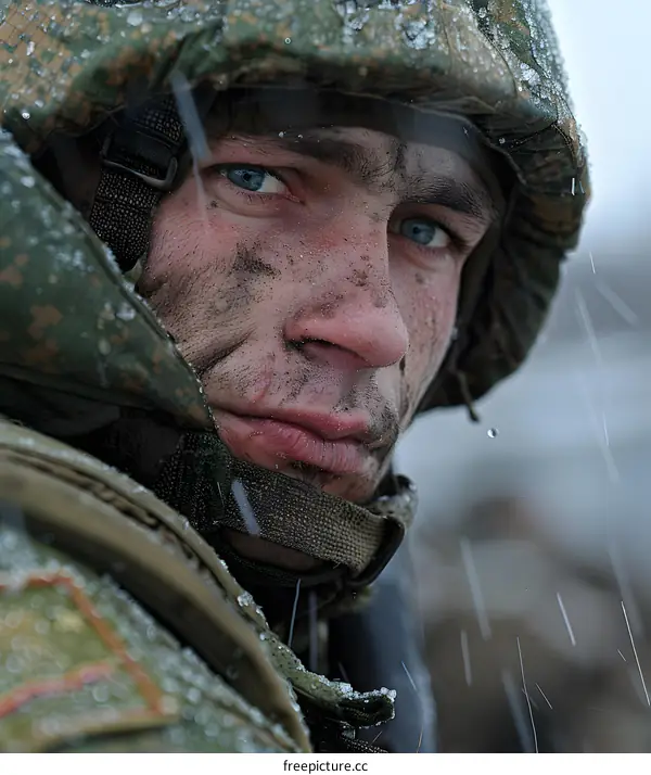 Portrait of a young soldier in the snow