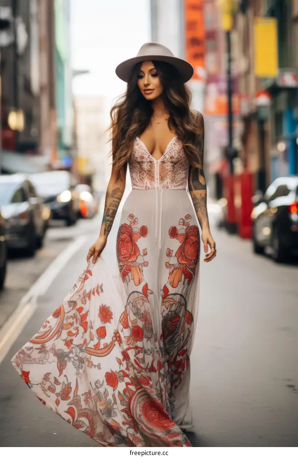 Elegant woman in a long floral dress and hat walking down the street