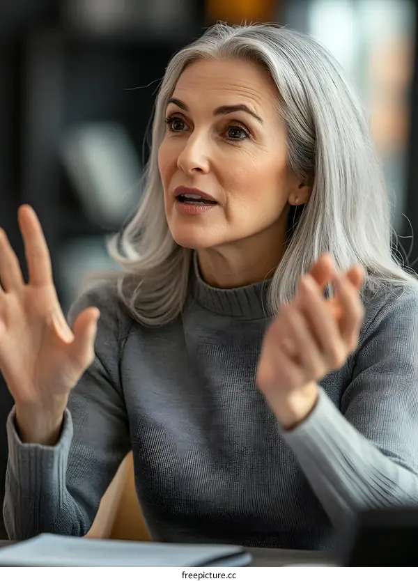 Mature Woman Talking Passionately with Gray Hair in a Meeting