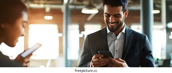 Businessman Checking Phone While Smiling at Coworker
