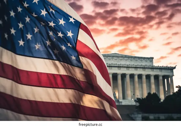 American flag waving in front of the Lincoln Memorial