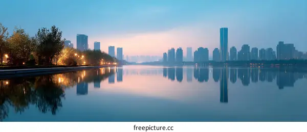 Cityscape at Dawn by the River