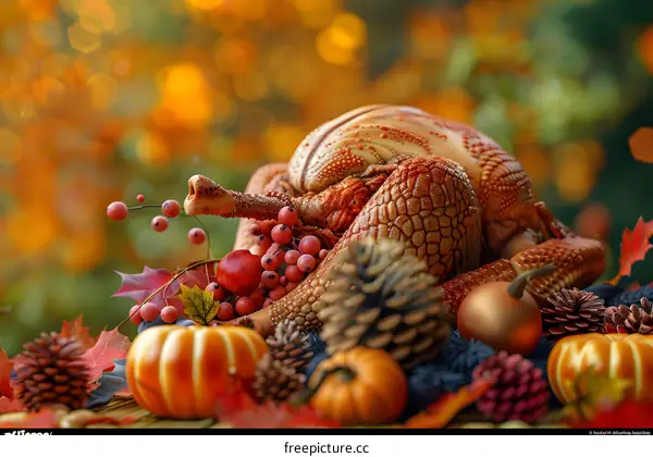 A Thanksgiving turkey sits on a table surrounded by pumpkins and gourds.
