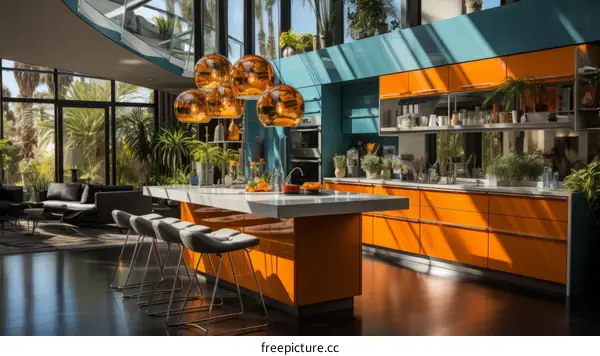 Modern kitchen interior design with large windows and island