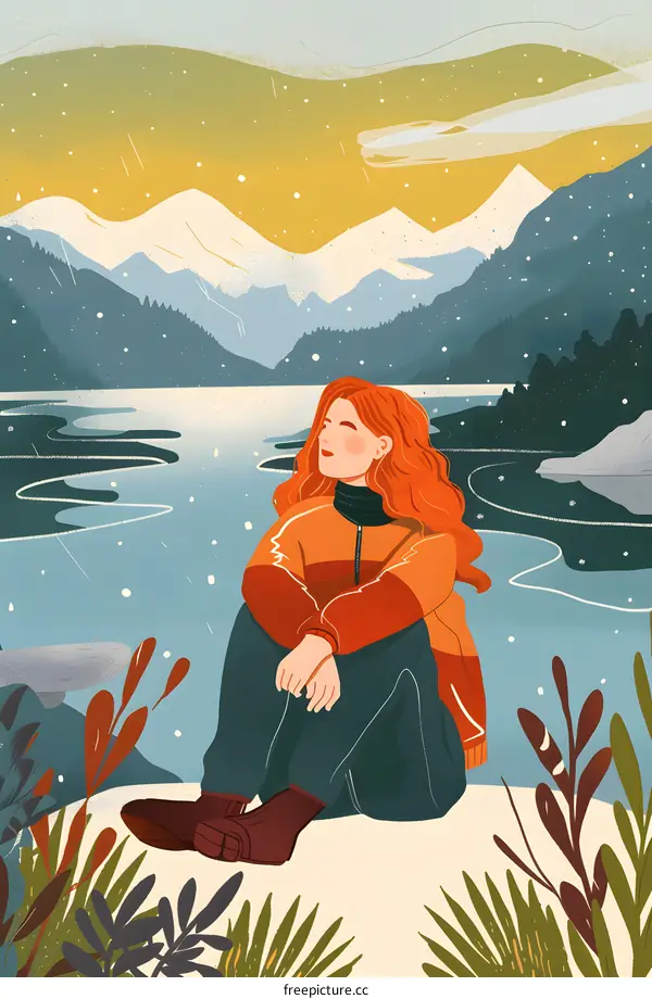 Woman Sitting by Lake in Winter Landscape Illustration