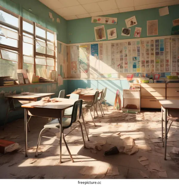 An abandoned classroom with old wooden desks and chairs