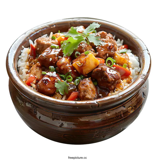 [Transparent Background PNG]A bowl of rice topped with pork, vegetables, pineapple, and cilantro.