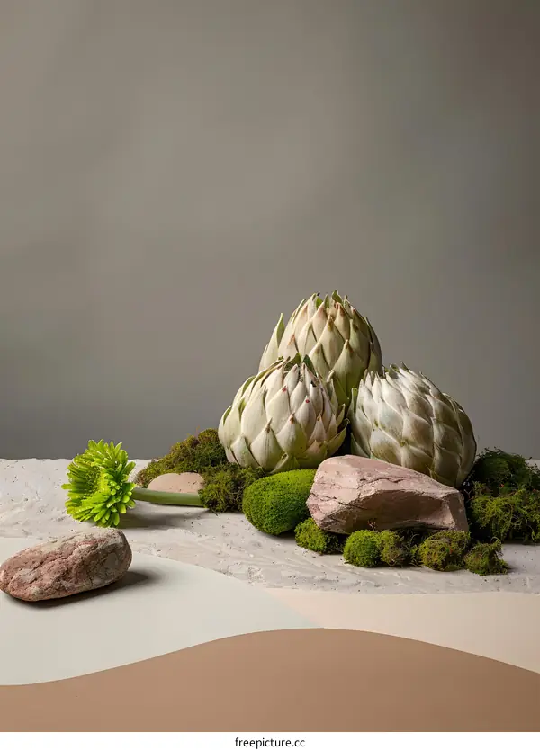 Green Artichoke with Moss and Stones on Beige Background