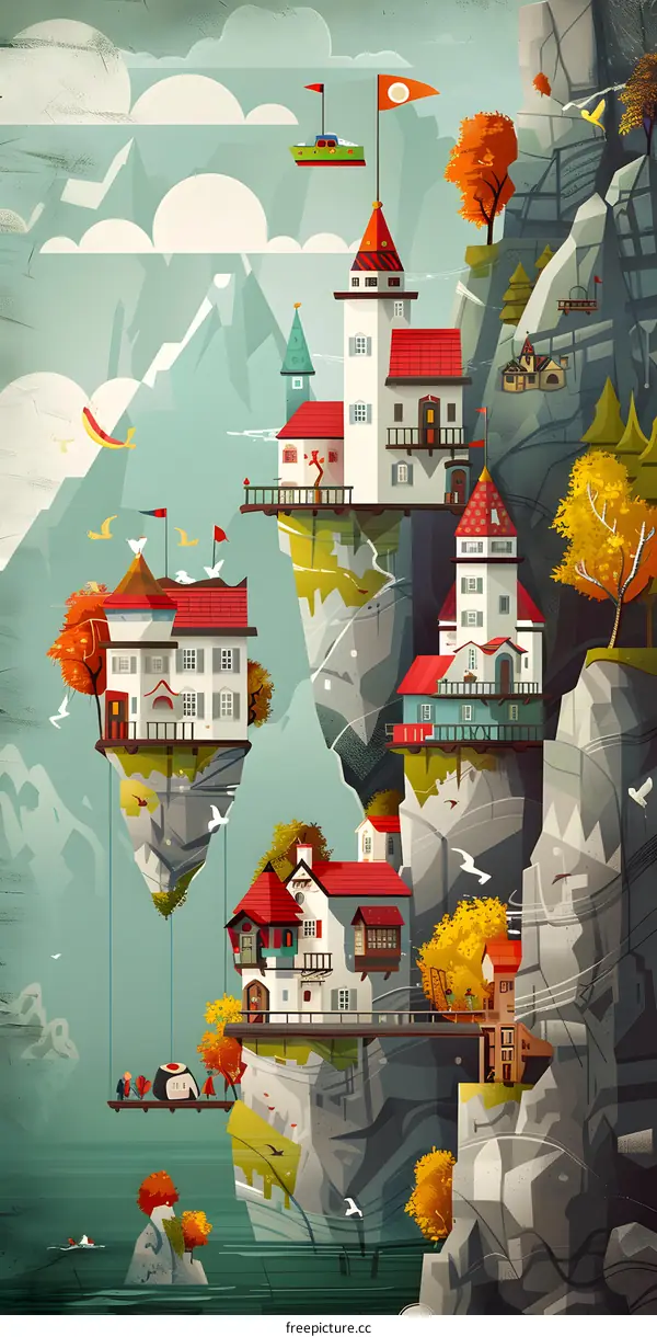 Fantasy Village on Cliffside Mountains with Houses and Red Roofs