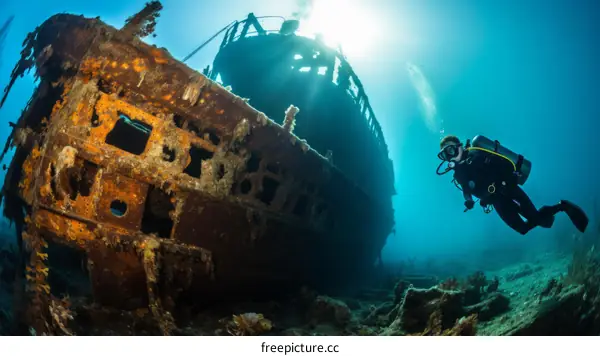 Scuba diver exploring a shipwreck in the Red Sea