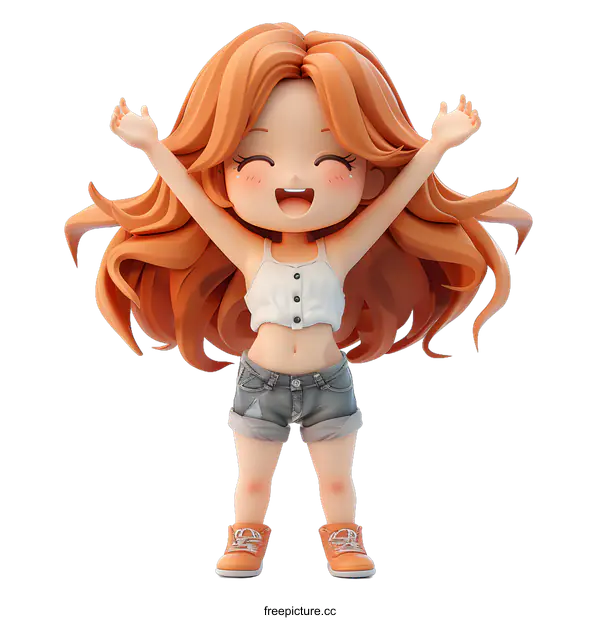 [Transparent Background PNG]Cute anime girl with long orange hair and blue eyes, wearing a white crop top and denim shorts, and orange sneakers, raising her arms in joy