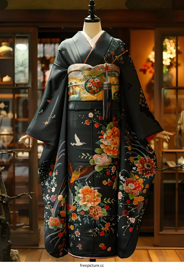A kimono with a pattern of flowers and birds