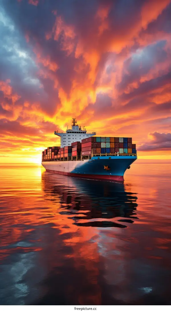 A large container ship sails on a calm sea at sunset