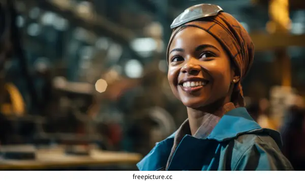 Portrait of a smiling African American female welder wearing a headscarf and safety glasses in a factory
