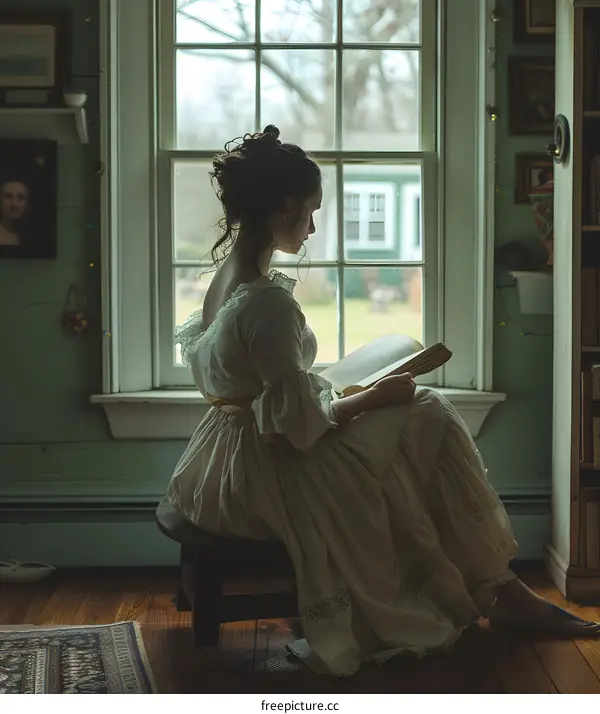 Woman in a White Dress Reading by a Window