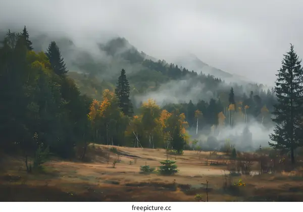 Misty Forest Landscape with Tall Pine Trees