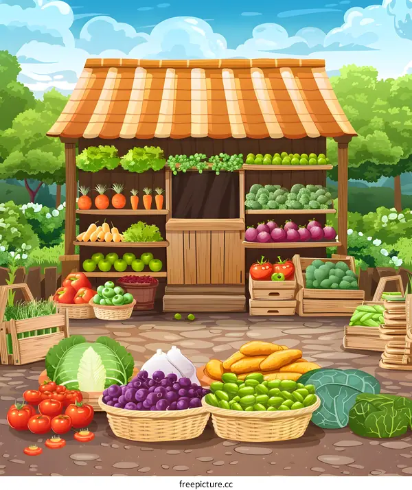 Fresh Farm Produce Market Stall with Wooden Structure and Colorful Vegetables