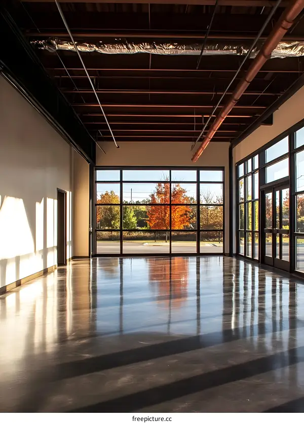 Empty Room With Large Windows Showing Autumn Trees