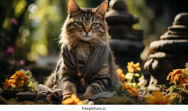A ginger cat wearing a scarf is sitting in a garden