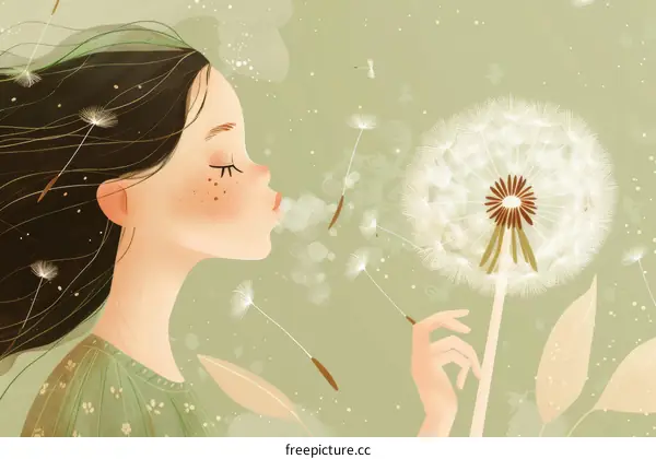 Girl Blowing Dandelion Seeds in a Meadow