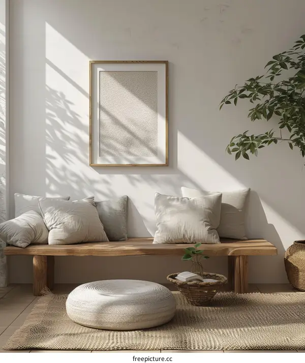 Minimalist Wooden Bench with Cushion and Plant