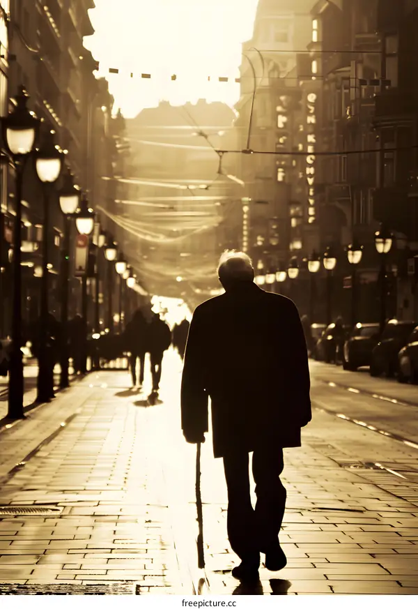 Silhouette of Elderly Man Walking Alone in City Street