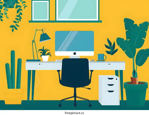 Home Office Desk With Plants And Computer Illustration