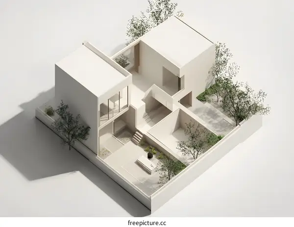 Modern Minimalist House 3D Model with Courtyard and Trees