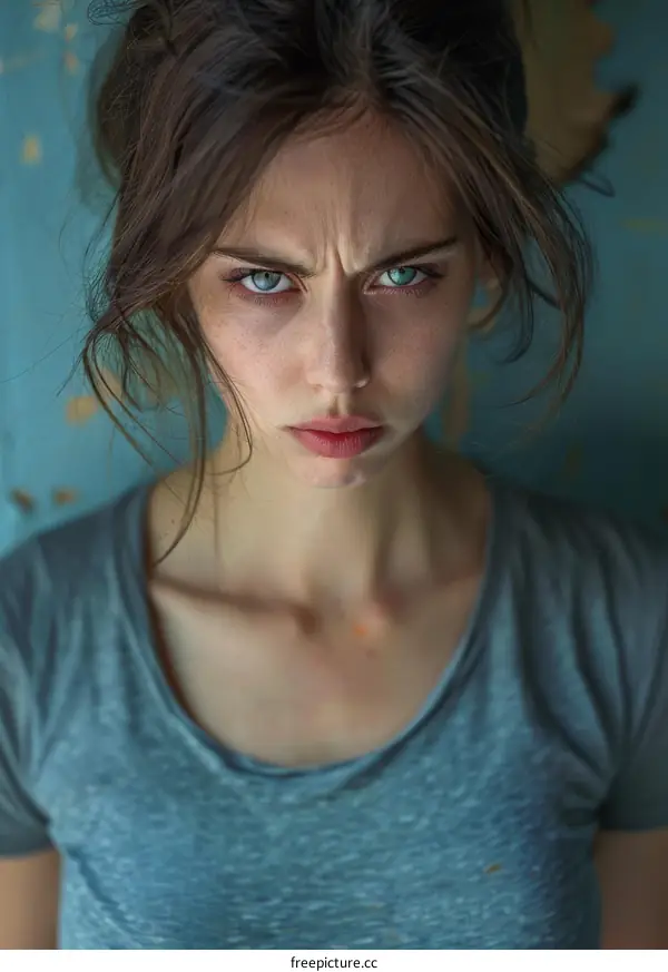 Close-up Portrait of a Caucasian Woman with an Intense Expression