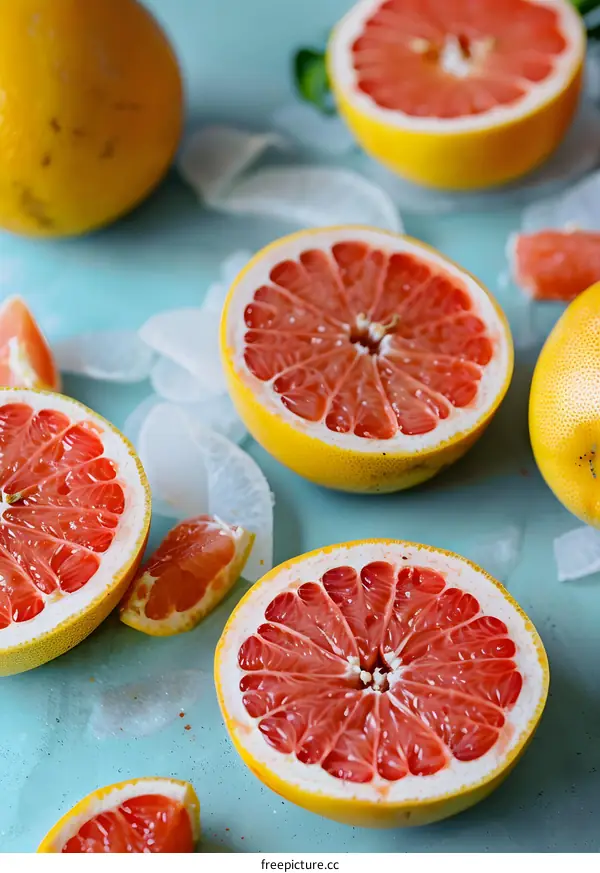 Fresh Grapefruit Slices on a Teal Background
