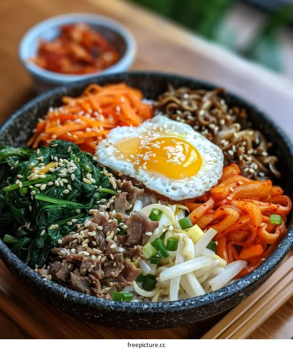 Korean Bibimbap with Rice, Beef, Egg, and Vegetables