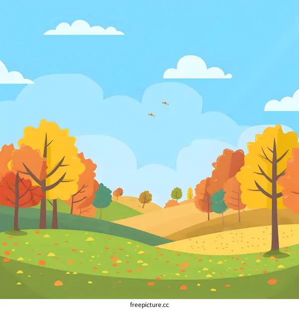 Cartoon Fall Landscape with Trees and Rolling Hills