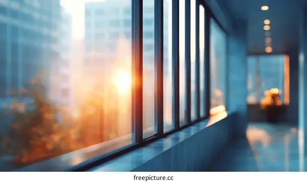 Modern Office Corridor with City Sunset Views