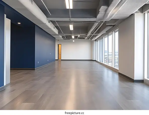 Empty Office Space with Large Windows and Blue Wall