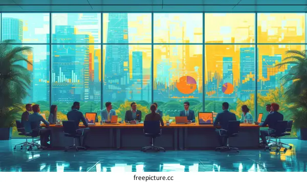 A group of people are sitting around a table having a meeting