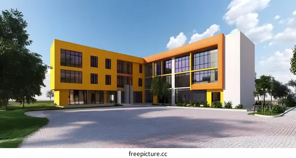 Modern Yellow Building Exterior Design With Blue Sky