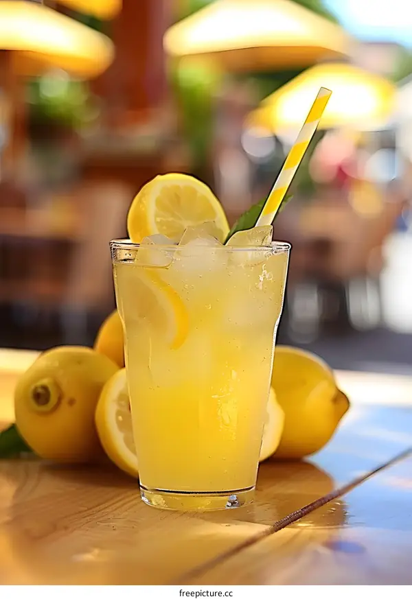 Glass of Lemonade with Ice and Lemon Slices on a Wooden Table