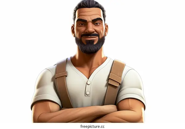 An illustration of a smiling man with a beard and brown hair wearing a white shirt and brown suspenders