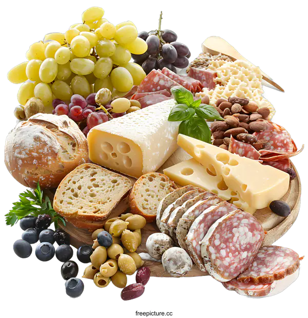 [Transparent Background PNG]Gourmet Cheese Board with Salami Grapes Bread and Olives