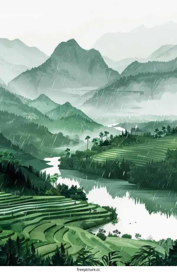 Green valley with river and mountains in the background