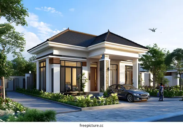 Modern House with a Car and Two People in Front