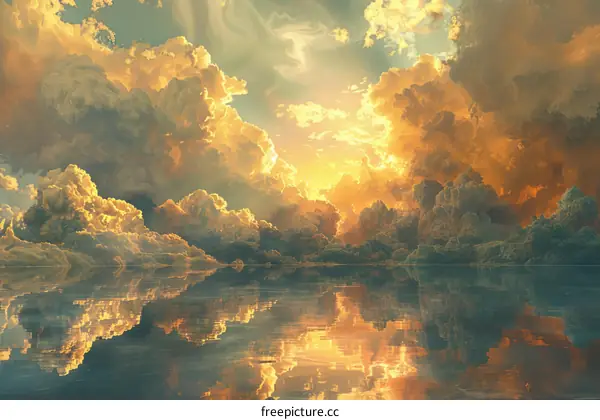 The golden sunset is reflected on the calm lake. There are golden clouds and blue sky above the lake.