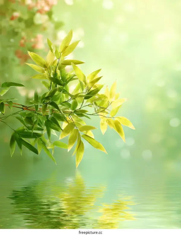 Peaceful Bamboo Leaves Reflection on Water