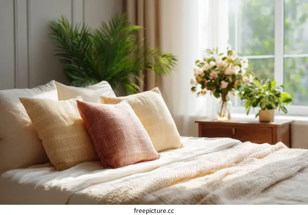 Cozy Bedroom with Soft Pillows and Sunlight