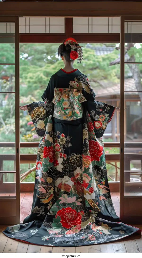 A woman wearing a kimono standing in a traditional Japanese house