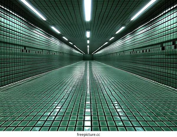 Green Tiled Tunnel with Fluorescent Lights