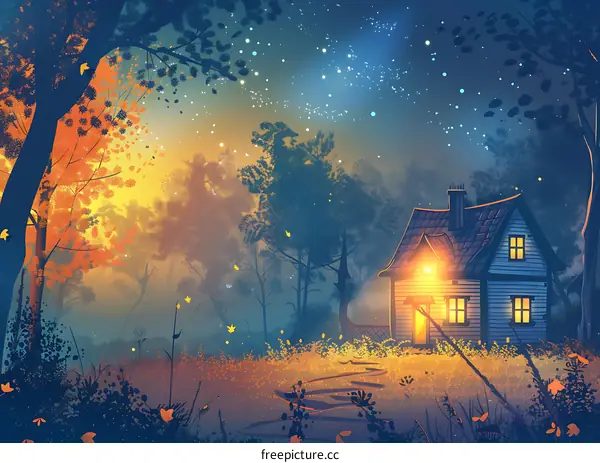 Lonely House in the Woods at Night